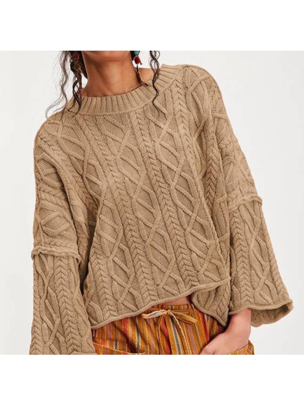 Oversized Cable Knit Crewneck Sweater - Beige